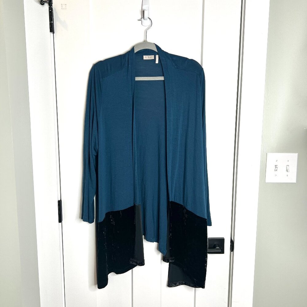 LOGO by Lori Goldstein Teal Black Velvet Panel Waterfall Long Sleeve Cardigan 1X